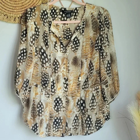 Etcetera, Silk Taupe Feather Print Button Front Peasant Blouse Top, Size 12 - Picture 8 of 8